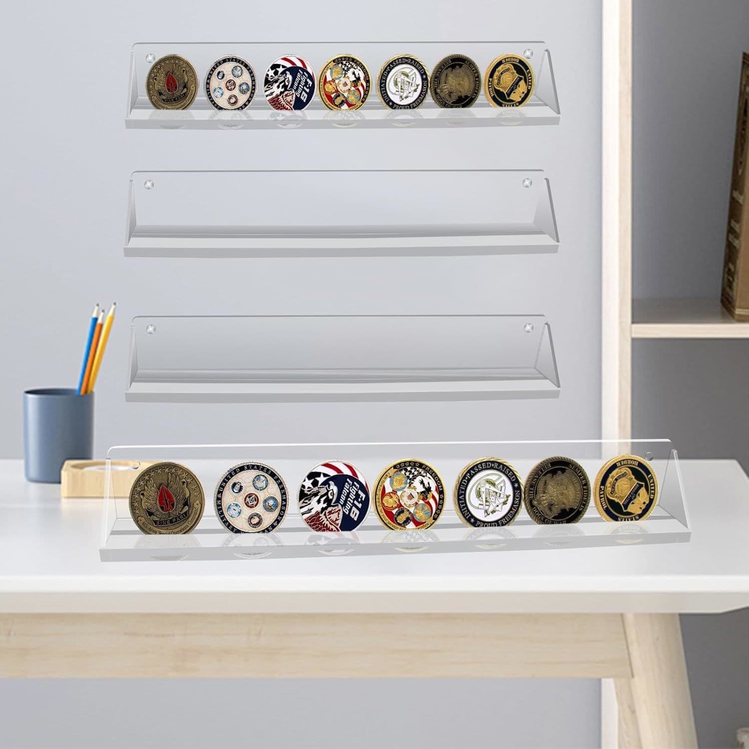Acrylic Coin Display Rail, Single Row, 12.6 in, Wall or Shelf thumbnail 2