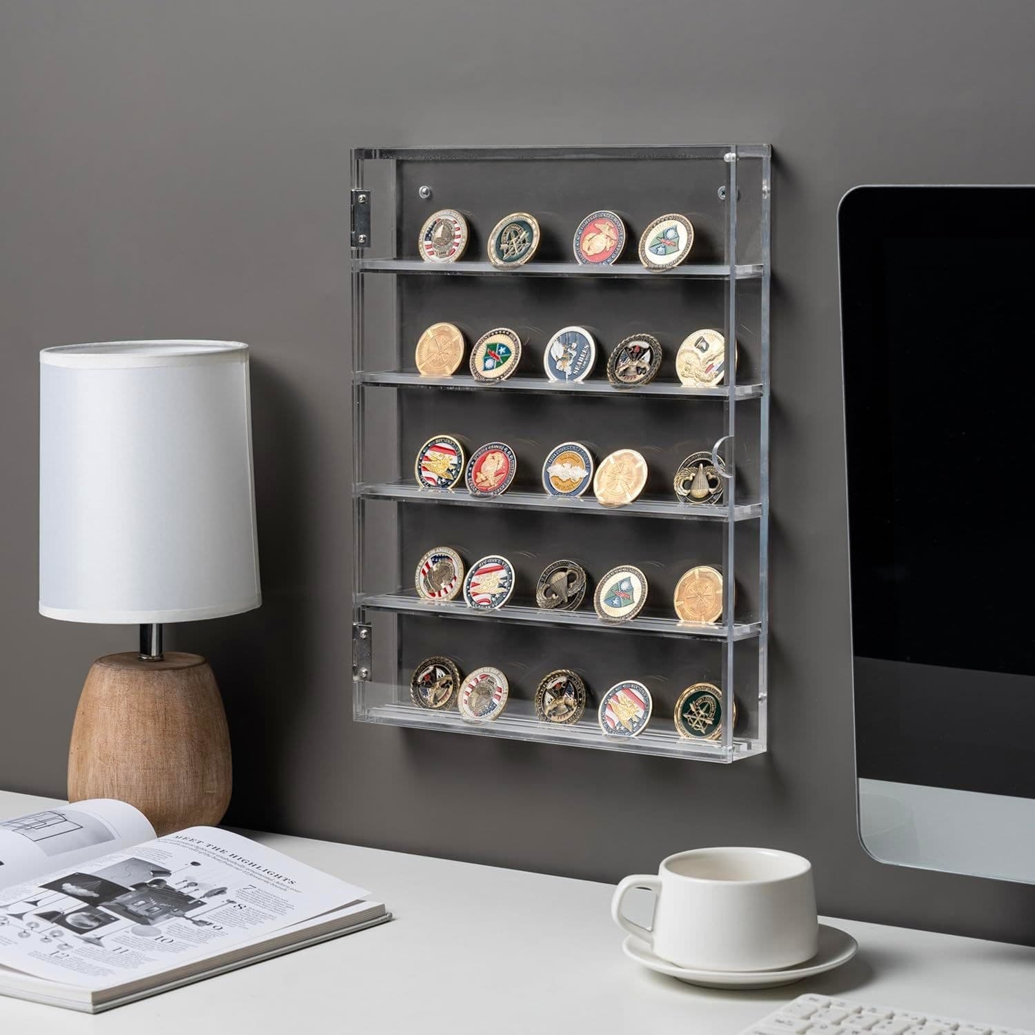 Wall-Mounted Acrylic Challenge Coin Display Case, 11.6 x 15.2 in, Magnetic Door thumbnail 4