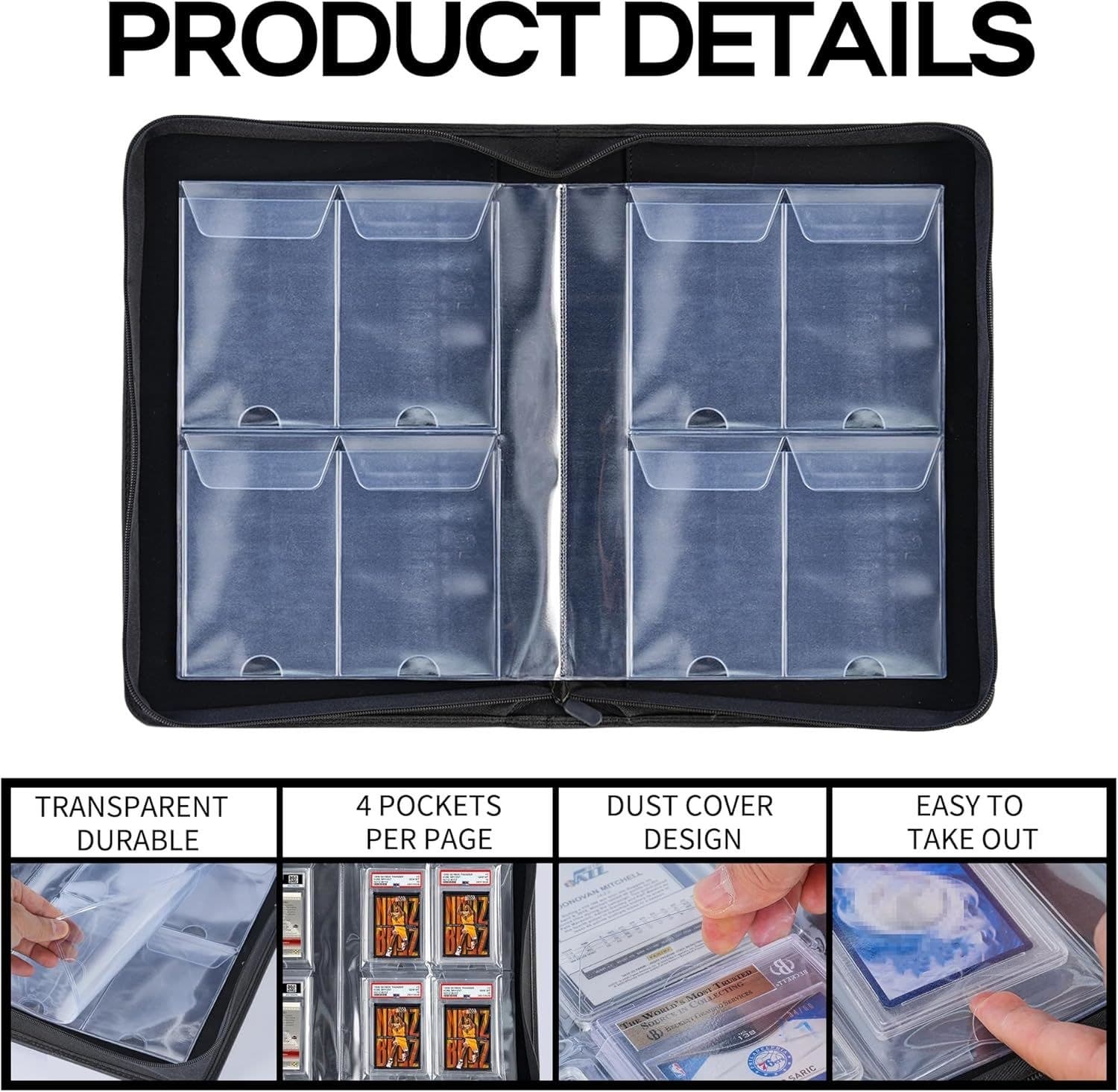 Graded Card Binder, 40 Slabs, 4 Pockets per Page, Zip PU Leather thumbnail 2