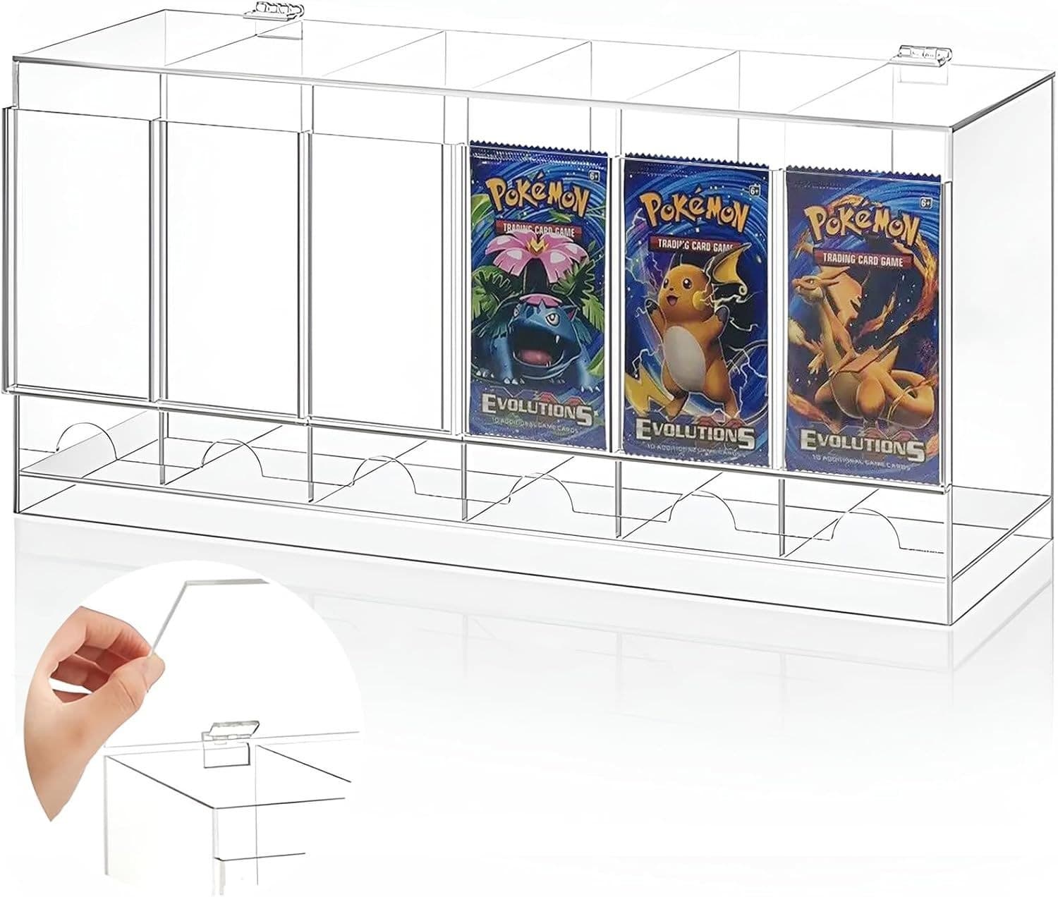 Stackable Acrylic Booster Pack Dispenser, 6 Front Slots, Hinged Dust Lid thumbnail 3