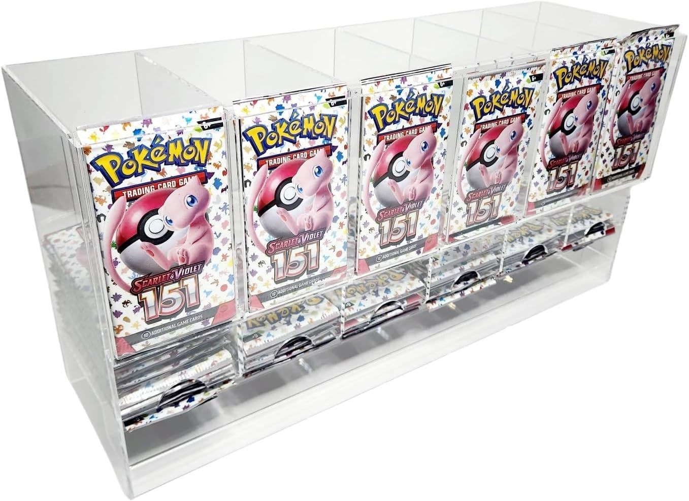 Stackable Acrylic Booster Pack Dispenser, 6 Front Slots, Hinged Dust Lid thumbnail 4