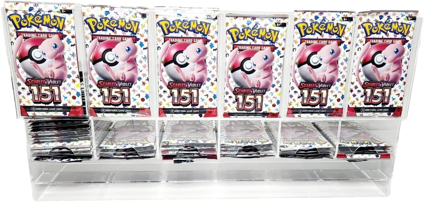 Stackable Acrylic Booster Pack Dispenser, 6 Front Slots, Hinged Dust Lid thumbnail 6