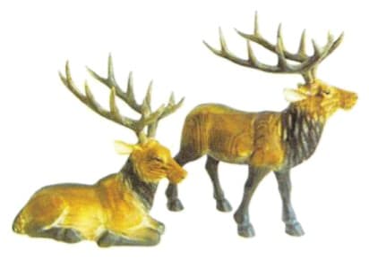 Hand-Carved Wooden Deer Figurines, Resting and Standing Pair, Painted Rustic Finish thumbnail 1