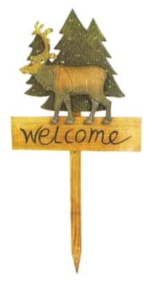 Carved Wooden Deer and Pine Tree Welcome Sign Garden Stake