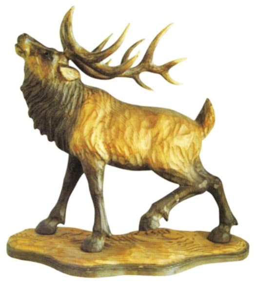 Hand-Carved Wooden Elk Statue on Base, Painted Rustic Finish thumbnail 1