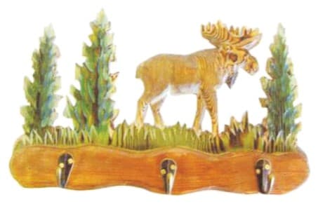 Carved Wooden Moose and Pine Forest Wall Hook Rack, 3 Hooks 缩略图 1