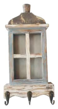 Coastal Lantern-Shaped Wooden Wall Rack, 3 Hooks, Distressed Finish 缩略图 1