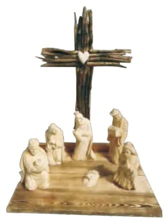 Rustic Twig Cross Nativity Scene with Carved Natural Wood Figures thumbnail 1