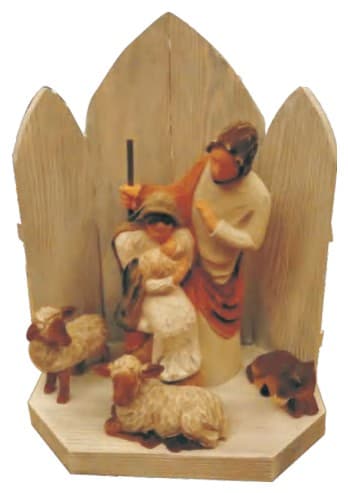 Hand-Painted Carved Wooden Nativity Scene with Arched Backdrop thumbnail 1