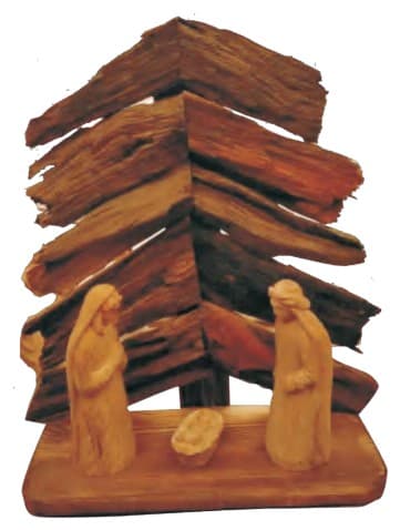 Carved Wooden Nativity Scene with Rustic Bark Tree 缩略图 1