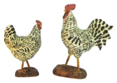 Hand-Carved Wooden Speckled Hen and Rooster Figurines, Painted Finish thumbnail 1