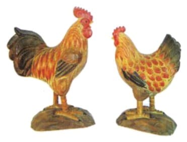 Hand-Carved Wooden Rooster and Hen Figurines on Bases, Painted Finish thumbnail 1