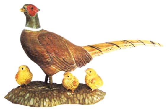 Hand-Carved Wooden Pheasant with Chicks Figurine on Base thumbnail 1