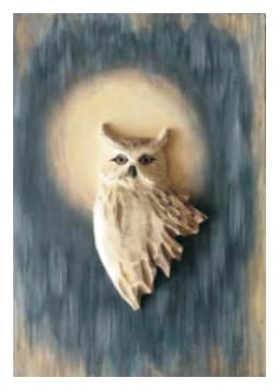 Carved Wooden Owl and Moon Relief Wall Panel, Hand-Painted 缩略图 1