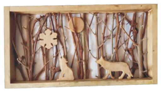 Rustic Twig Shadow Box Wall Art with Carved Wolf Figures thumbnail 1