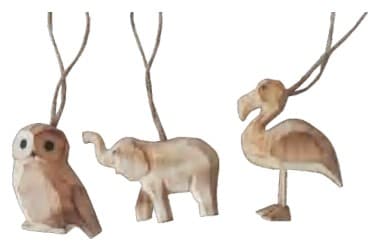 Carved Natural Wood Owl, Elephant and Flamingo Hanging Ornaments thumbnail 1