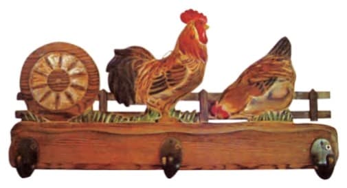 Carved Rooster and Wagon Wheel Wall Hook Rack, 3 Hooks thumbnail 1