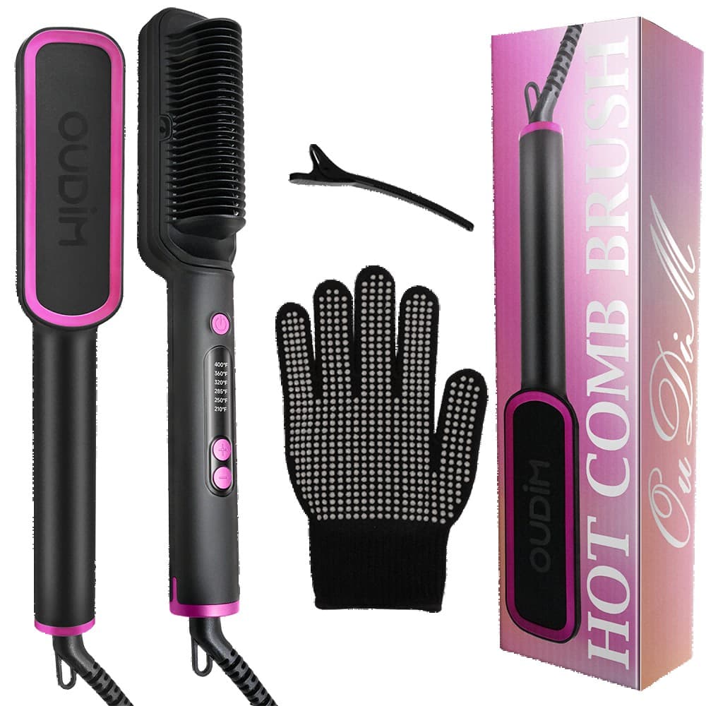 OUDIM Hot Comb Hair Straightener Brush OD-6801, 30W, 120V 60Hz, Digital Temperature Control 212–392°F, Black