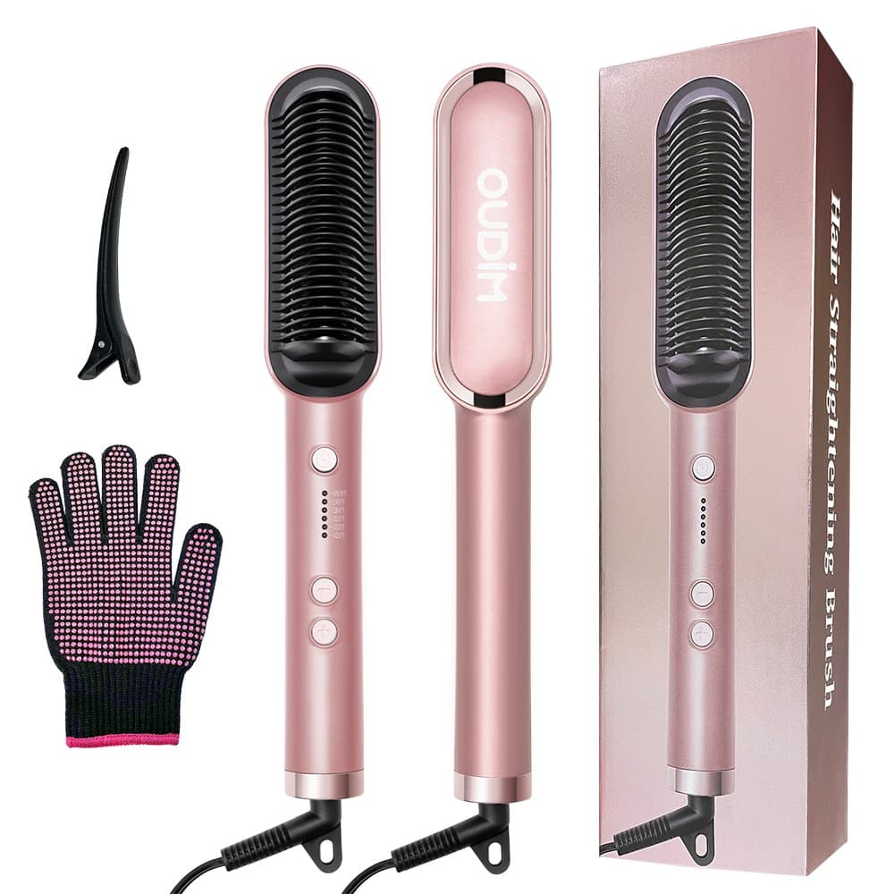 OUDIM 2-in-1 Ionic Hair Straightener Brush OD-6806, 34W, 120V 60Hz, 5 Heat Settings, 60-Second Heat-Up, Auto Shut-Off