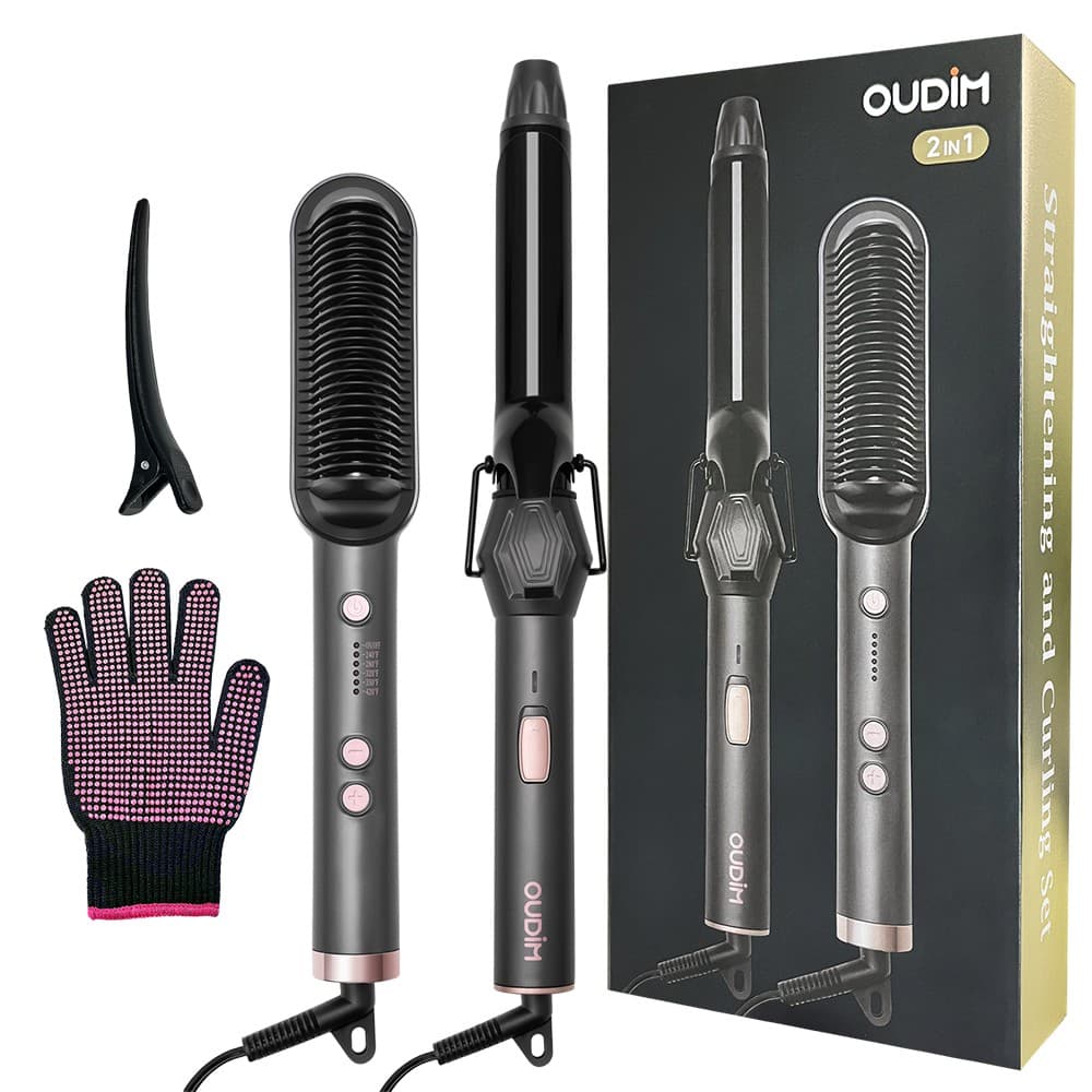 OUDIM Hair Straightener Brush & Curling Iron Set OD-6806, 34W + 55W, 120V 60Hz, Ionic, Gift Box