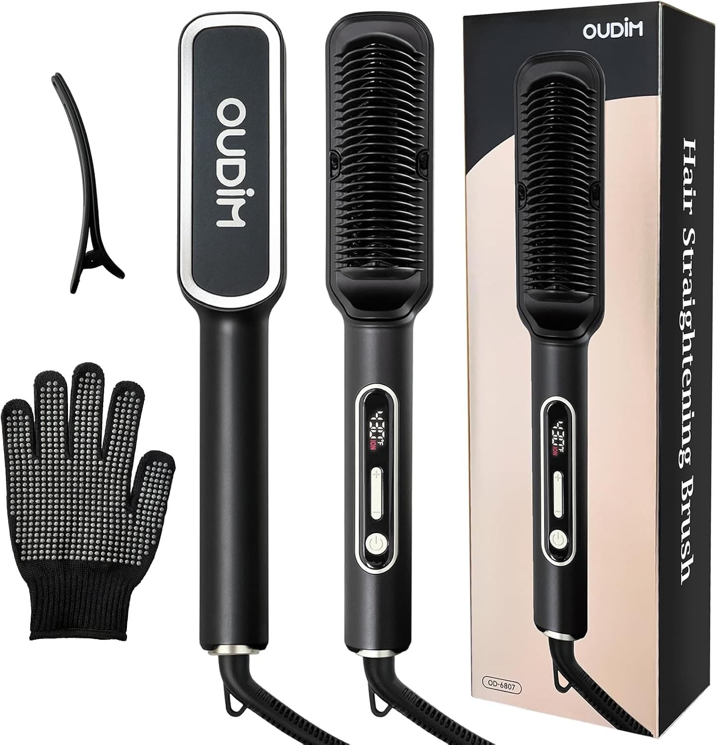 OUDIM Ionic Hair Straightener Brush OD-6807 with LCD Display, 30W, 120V 60Hz, 6 Heat Settings, Auto Shut-Off, Black