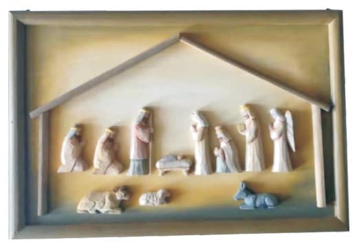 Carved Wooden Nativity Scene Relief Wall Plaque, Framed
