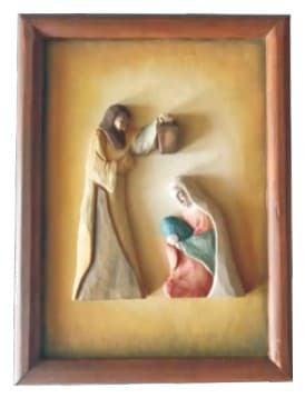 Carved Wooden Holy Family Relief Wall Plaque, Framed