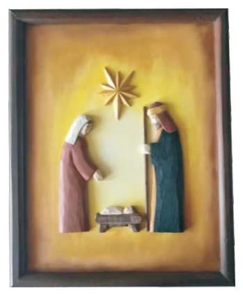 Carved Wooden Nativity Relief Wall Plaque with Star, Framed