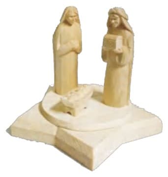 Hand-Carved Natural Wood Holy Family Figurine on Star-Shaped Base
