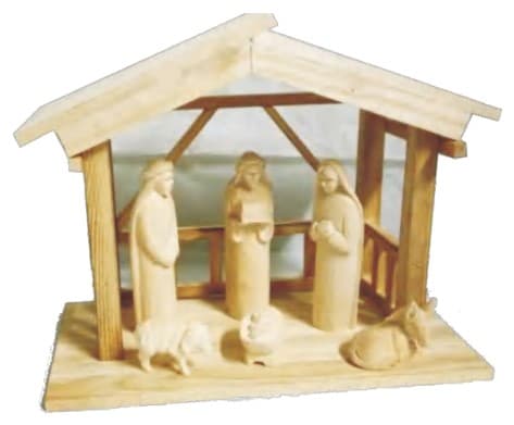 Wooden Nativity Stable with Carved Natural Wood Figures