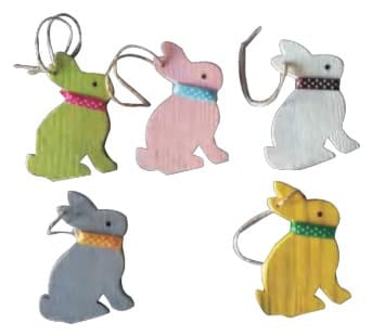 Painted Wooden Bunny Hanging Ornaments with Ribbon, 5 Colors
