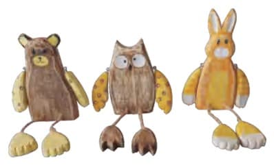 Carved Wooden Bear, Owl and Rabbit Figures with Dangling Legs, 3 Designs