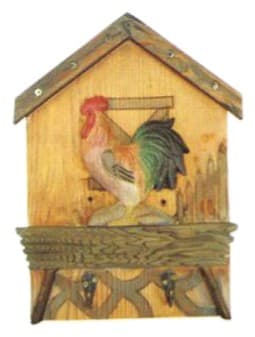Carved Wooden Rooster House-Shaped Wall Key Rack with Hooks