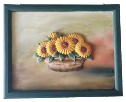 Carved Wooden Sunflower Basket Relief Wall Art, Framed, Hand-Painted