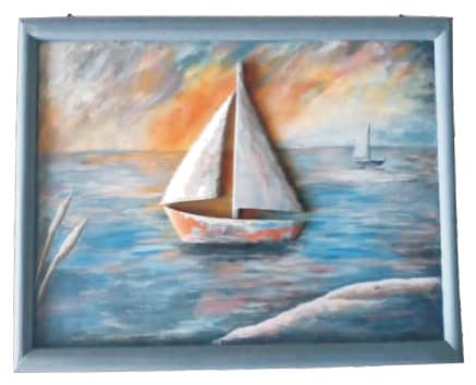 Carved Wooden Sailboat Relief Wall Art, Framed, Hand-Painted