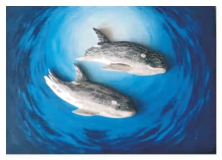 Carved Wooden Fish Pair Relief Wall Panel, Hand-Painted Ocean Background