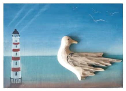 Carved Wooden Seagull and Lighthouse Relief Wall Panel, Hand-Painted