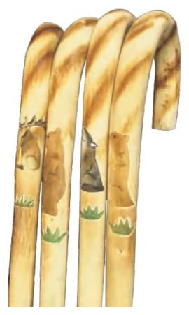 Wooden Crook-Handle Walking Canes with Pyrography Animal Designs