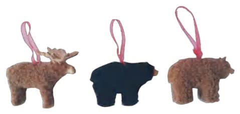 Flocked Animal Hanging Ornaments, Moose and Bears, 3 Designs