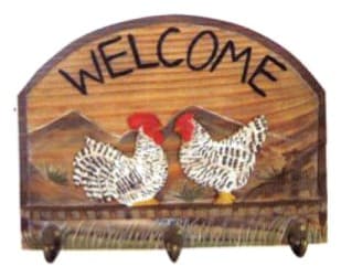 Carved Hens Welcome Sign Wall Hook Rack